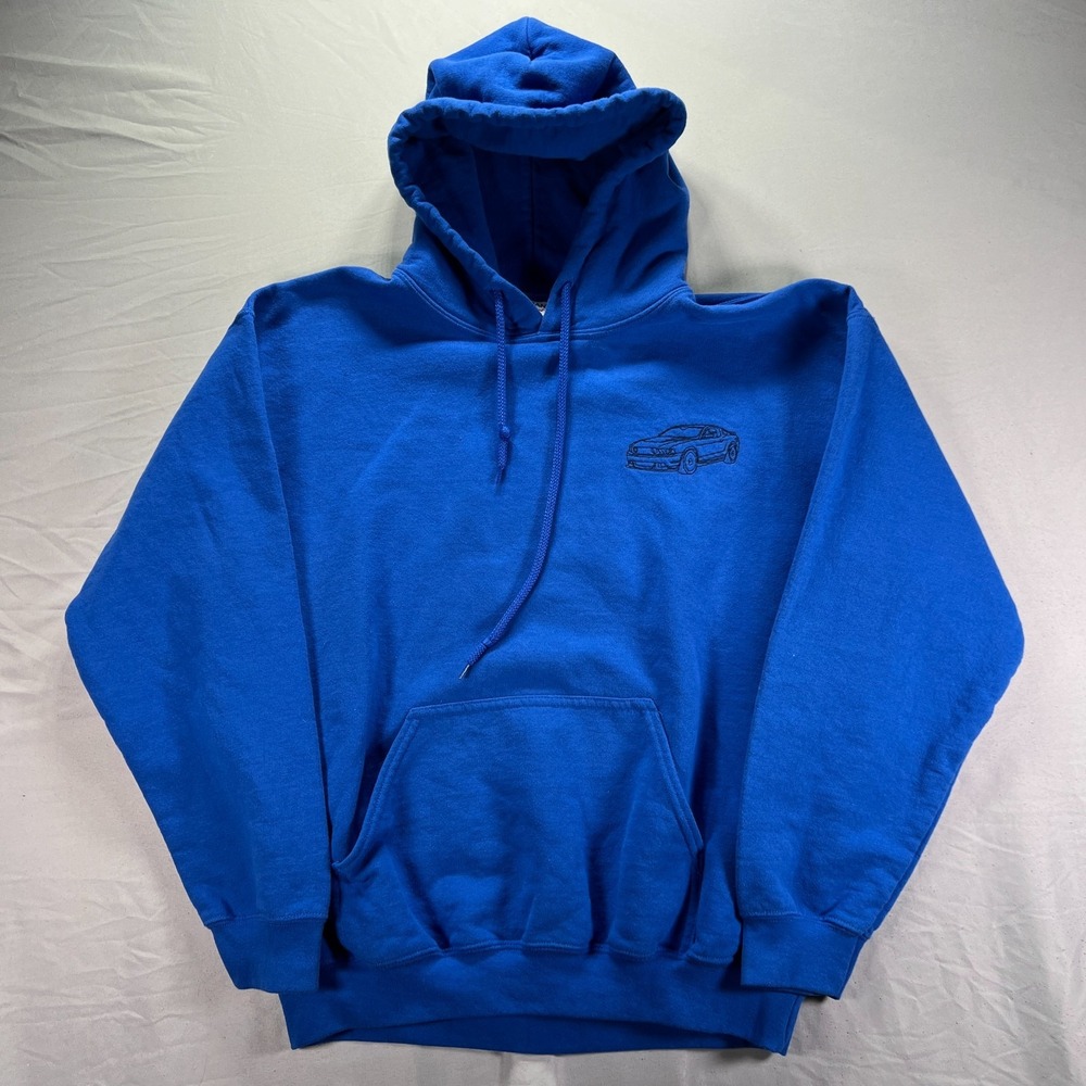 Ford Mustang Hoodie Mens Medium Royal Blue Pullover Fleece Sweatshirt Y2K - Picture 2 of 10